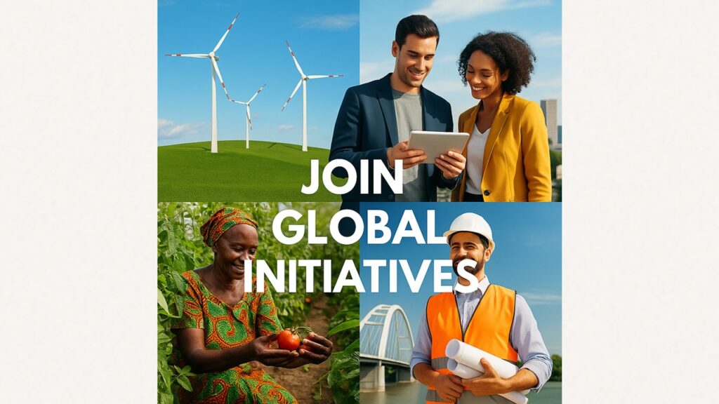 Global Initiatives Principles. This image blends agriculture, infrastructure, and clean energy with smiling professionals from diverse regions. It illustrates the inclusive nature of global initiatives and the shared effort toward a sustainable future.