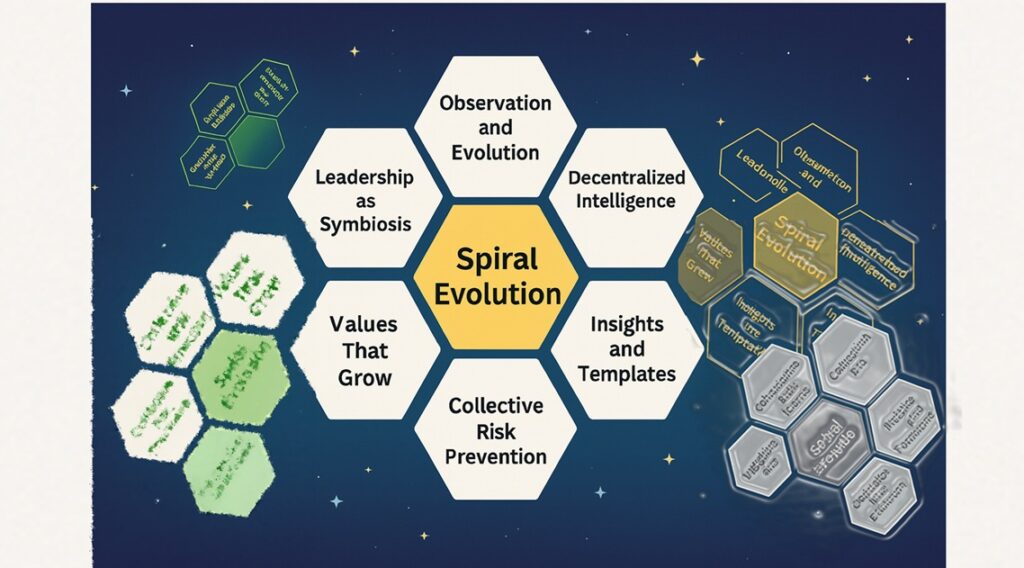 Global Initiatives Principles. This illustration visualizes the core principle of Spiral Evolution, placing it at the center of a hexagonal constellation of six other principles — depicting an ever-expanding universe of Global Initiatives.