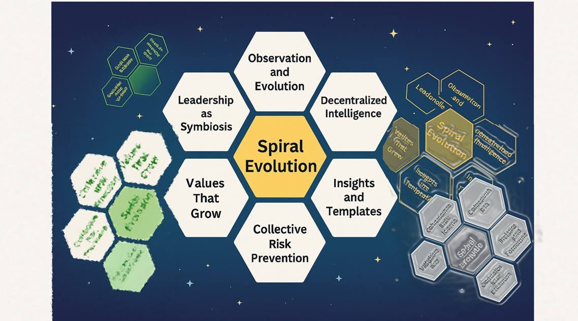 Global Initiatives Principles. This illustration visualizes the core principle of Spiral Evolution, placing it at the center of a hexagonal constellation of six other principles — depicting an ever-expanding universe of Global Initiatives.