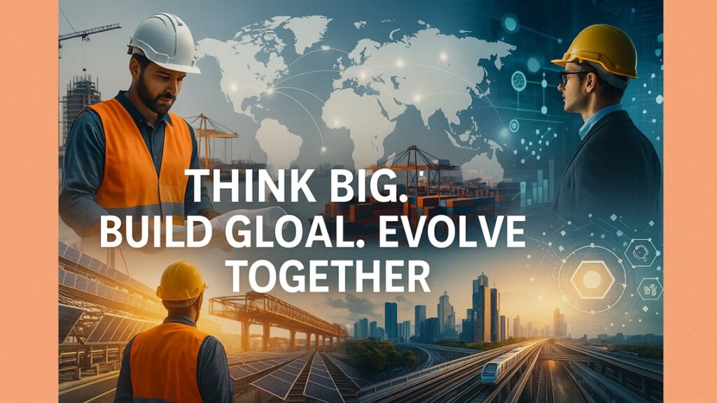 Global Initiatives Principles. A motivational collage combining engineers, global maps, solar infrastructure, railways, and digital networks. It highlights the power of thinking big and building globally through shared vision and coordinated action.