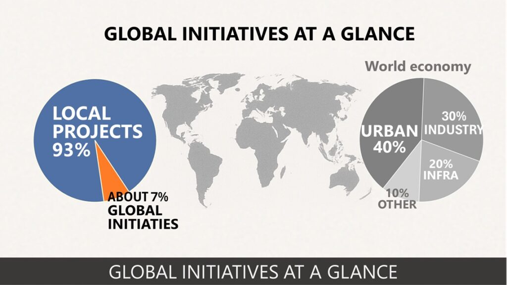 Global Initiatives Principles. This infographic contrasts the dominance of local projects (93%) with the relatively small share of global initiatives (7%), and shows the global economic distribution across Urban (40%), Industry (30%), Infrastructure (20%), and Other sectors (10%).